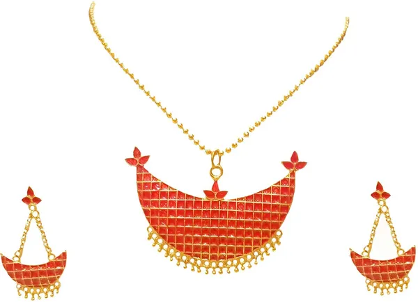 (Pack_Of_2)_Assamese_Traditional_Gold_Plated_Red_Colour_Joonbiri_Chain_Jewellery_Set_For_Women